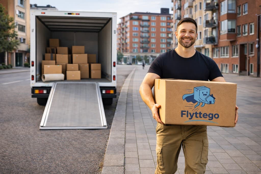Flyttego-flyttare som bär en kartong vid flyttbilen
